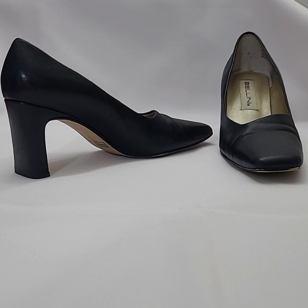 Bellini Square Toe Black Leather 3" Size 9M Heels